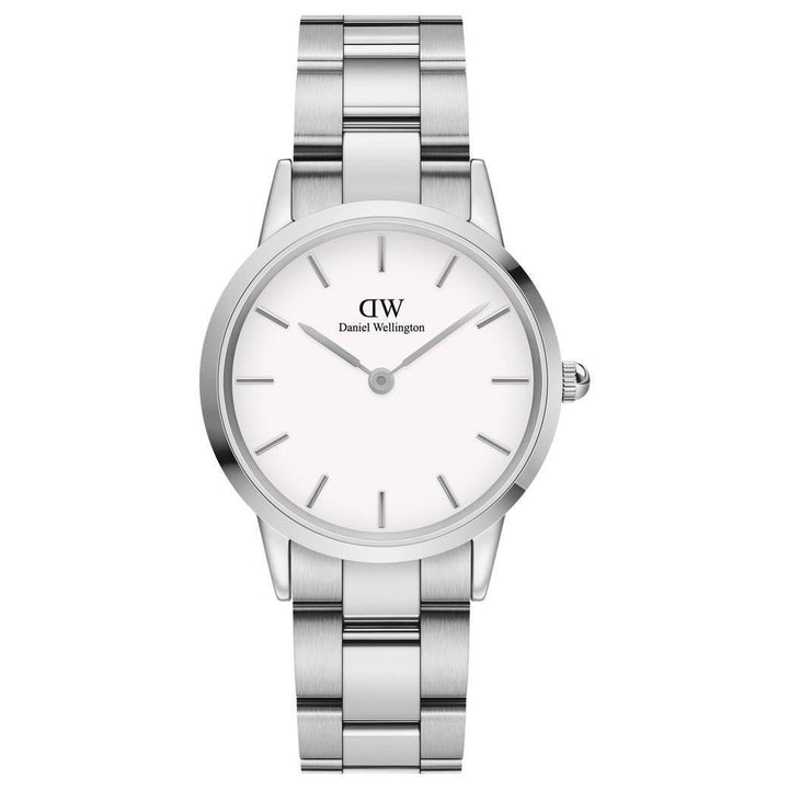 Daniel Wellington Iconic Link 32-mm-Uhr mit silberfarbener Stahlkette und weißem Zifferblatt. Modell DW00100205.