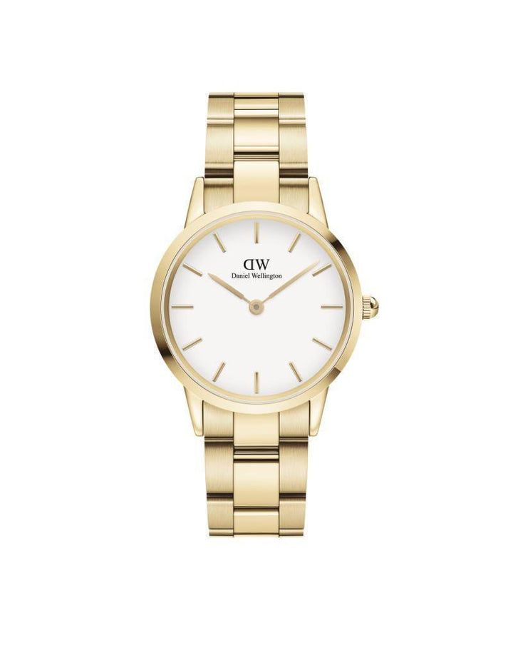 Daniel Wellington Iconic Link 32 mm mit goldener Stahlkette und weißem Zifferblatt, Modell DW00100565.