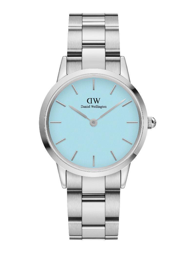 Daniel Wellington Iconic Link Capri Pastellblaue 32-mm-Uhr mit Stahlarmband und hellblauem Zifferblatt. Modell ADW00100541-1.
