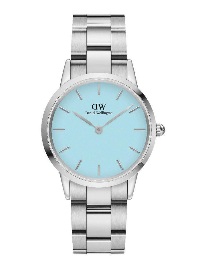 Daniel Wellington Iconic Link Capri Pastellblaue 32-mm-Uhr mit Stahlarmband und hellblauem Zifferblatt. Modell ADW00100541-1.