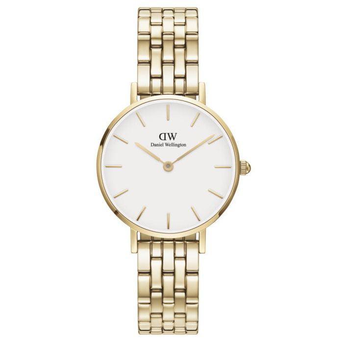 Daniel Wellington Petite Link Gold zeigt eine elegante Armbanduhr aus goldfarbenem Stahl mit weißem Zifferblatt. Modell DW00100614.