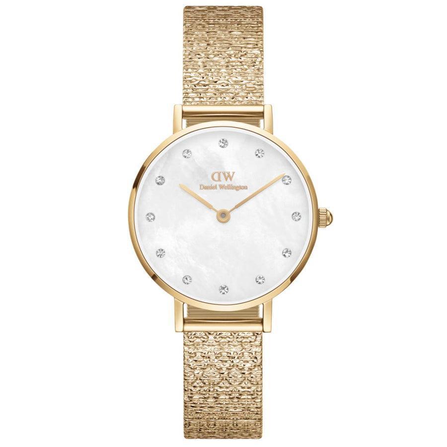 Daniel Wellington Petite Lumine 28 mm, goldene Uhr mit Perlmuttzifferblatt und Mesh-Armband. Modell DW00100594.