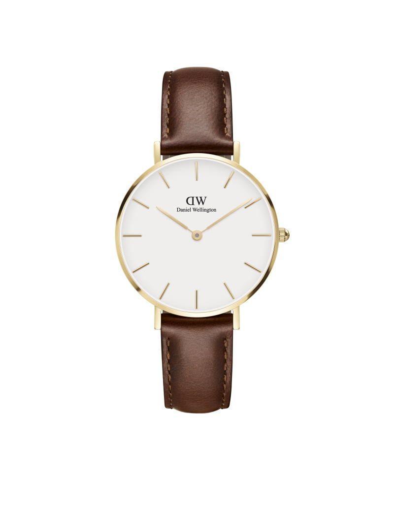 Daniel Wellington Petite St Mawes 32 mm mit weißem Zifferblatt und braunem Lederarmband, klassisches Design. Modell DW00100550