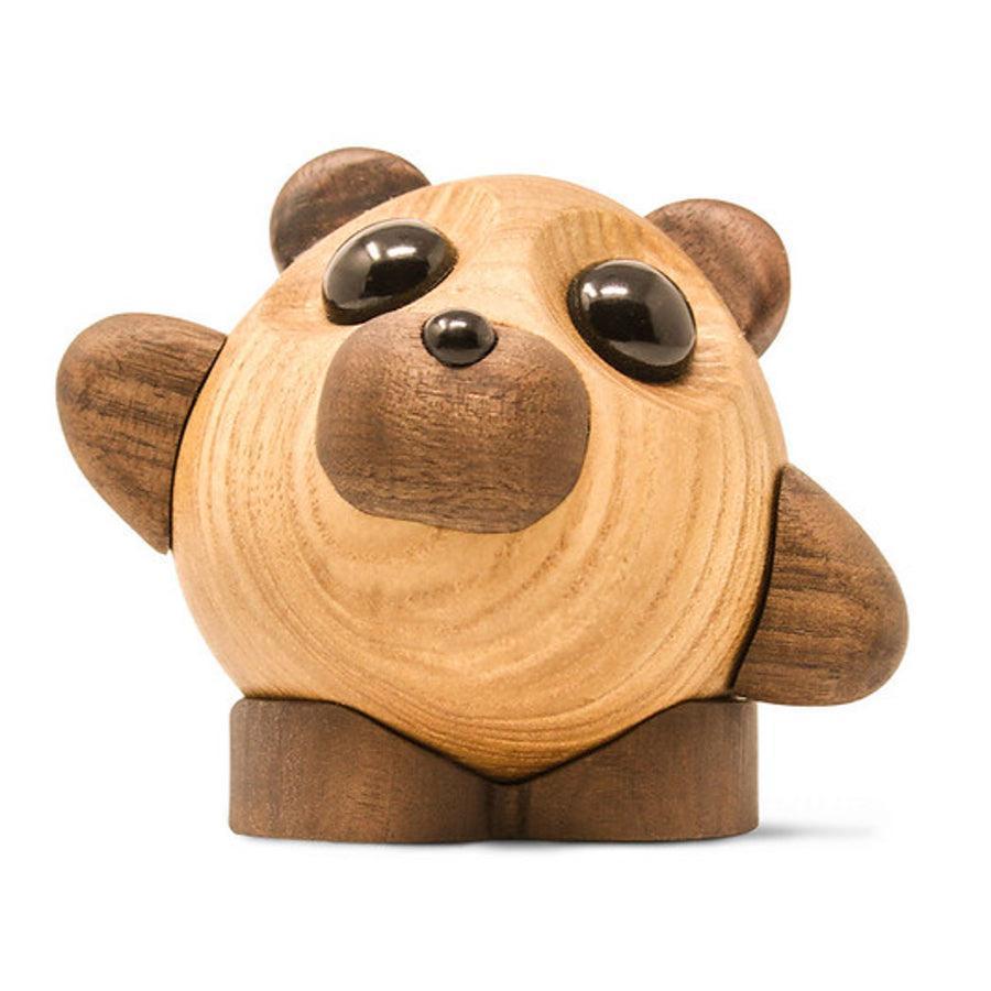 Fablewood Bjornen Teddy Holzfigur aus hellem und dunklem Holz mit glänzend schwarzen Augen, Modell 1102-1.