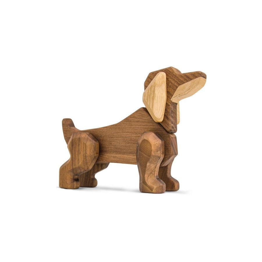 FableWood Dackel steht im Profil, aus hellem und dunklem Holz, Modell 1034-1.