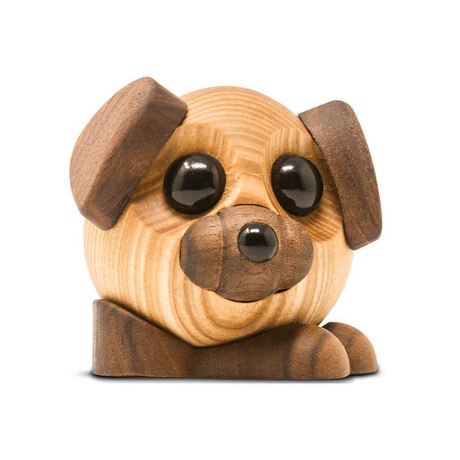 Fablewood Buddy der Hund, handgefertigte Hundefigur aus hellem und dunklem Holz, niedliches Design. Modell 1100-1