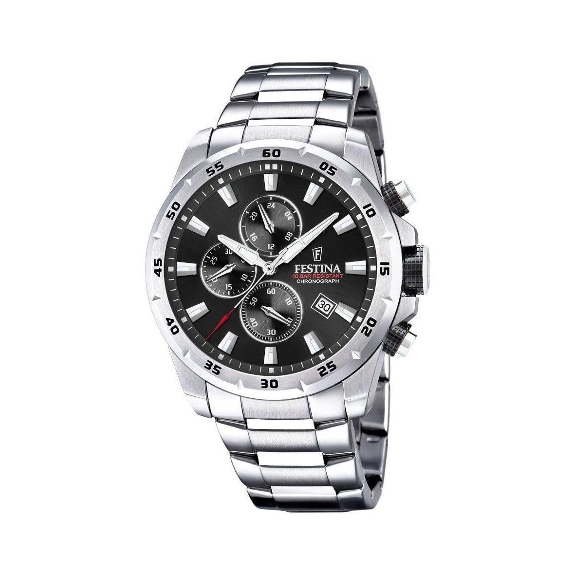 Festina Chrono Sport 20463/4 Herrenuhr mit schwarzem Zifferblatt, Chronographen und Stahlkette. Modell 204634-204634-1.