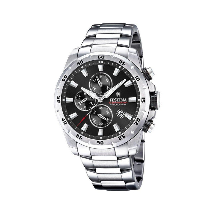Festina Chrono Sport 20463/4 Herrenuhr mit schwarzem Zifferblatt, Chronographen und Stahlkette. Modell 204634-204634-1.
