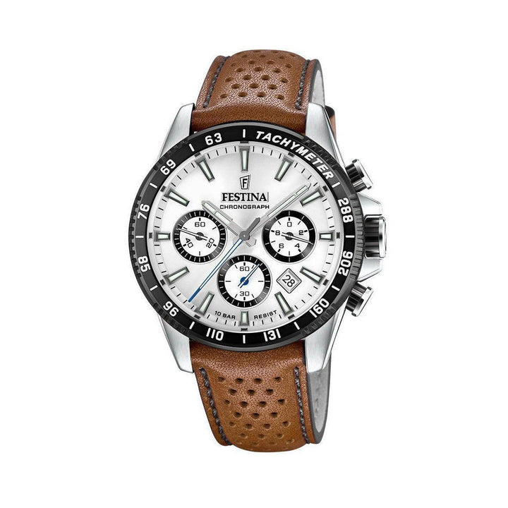 Festina Chrono Sport 20561/1 Herrenuhr mit weißem Zifferblatt, Tachymeter und braunem Lederarmband. Modell 20561/1