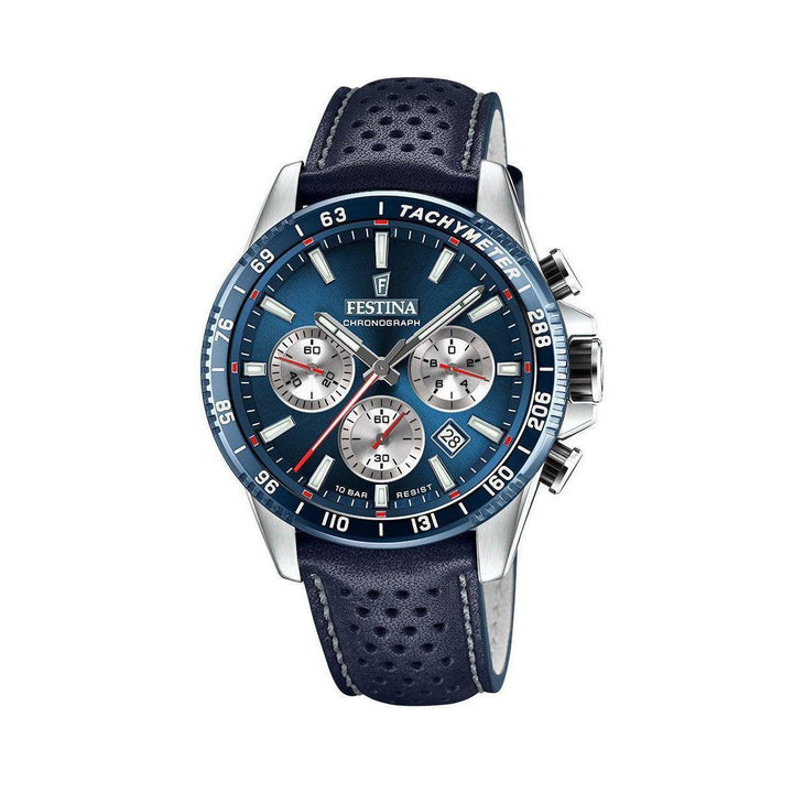 Festina Chrono Sport 20561/2 mit blauem Zifferblatt, Chronographenfunktion und dunkelblauem Lederarmband. Modell 20561/2.