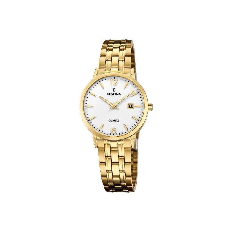 Festina Damenuhr Classic mit weißem Zifferblatt, goldener Stahlkette und Datumsanzeige. Modell 205142-1.