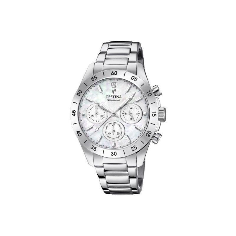 Festina Damenuhr Diamond Chrono 203971 mit Stahlarmband und Perlmuttzifferblatt, Chronograph, Modell 203971-1.