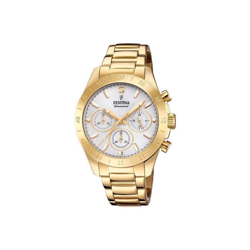 Festina Die Damenuhr Diamond Chrono 204001 präsentiert sich in glänzender Goldfarbe mit weißem Zifferblatt und Chronograph. Modell 204001-1.