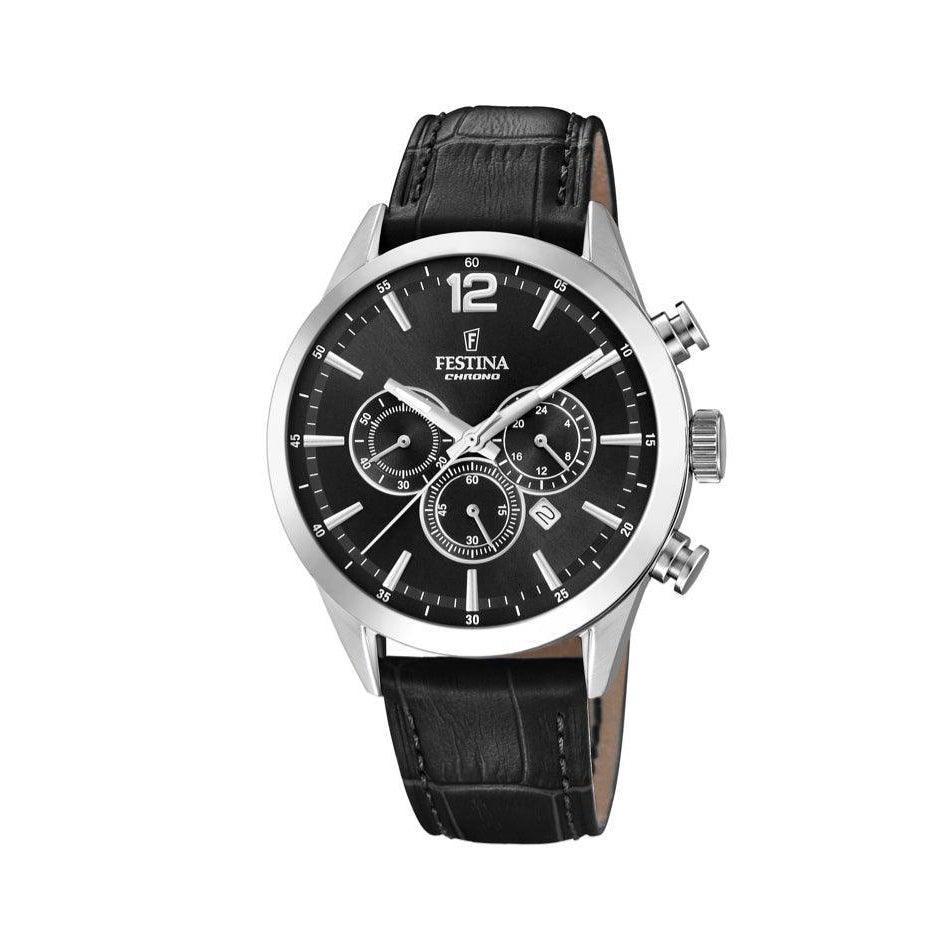 Festina Herren-Chronographenuhr, schwarzes Zifferblatt, silberne Details und schwarzes Lederarmband. Modell 205425-1.