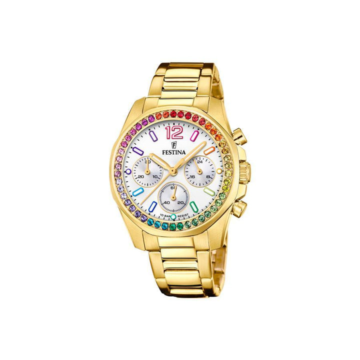 Festina Regenbogen-Damenuhr mit goldenem Gehäuse, bunten Steinen und weißem Zifferblatt. Modell F206092-1.