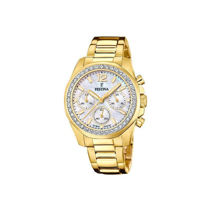 Festina Rainbow Women's Watch zeigt eine elegante goldfarbene Armbanduhr mit Stahlarmband und farbigen Details. Modell F206091