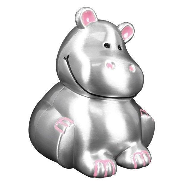 Nilpferd-Sparschwein mit rosa Ohren, silbernes Metallic-Finish, Modell 152-76204-1.