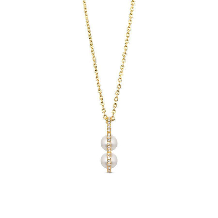 Herieth-Paul-X-Polar-Jewelry-Bahati-Halskette aus goldfarbener Kette mit zwei Perlen und Zirkonia-Details. Modell BAH-NL-GD-WP-WZ-00503