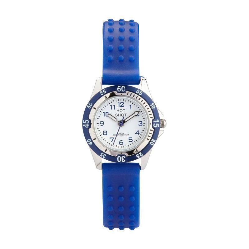 Hot Shot Das blaue Armband und die Krone von Borneur zeigen eine Kinderuhr mit blauem Silikonarmband und rundem Zifferblatt. Modell2684s3-1.