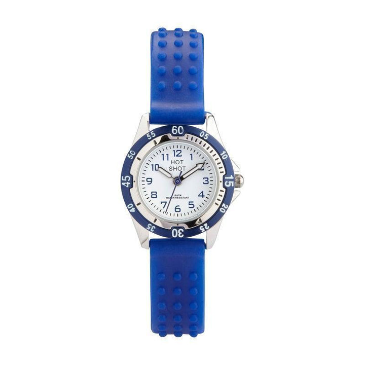 Hot Shot Das blaue Armband und die Krone von Borneur zeigen eine Kinderuhr mit blauem Silikonarmband und rundem Zifferblatt. Modell2684s3-1.