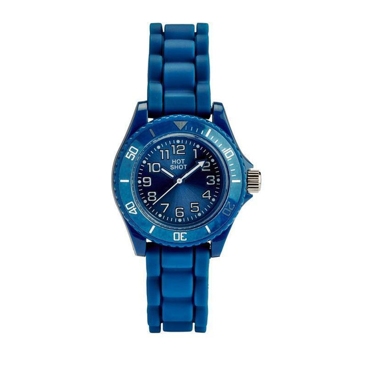 HOT SHOT Das blaue Zifferblatt von Borneur zeigt eine Kinderuhr aus blauem Kunststoff mit klaren Zahlen und Silikonarmband. Modell 10473-1
