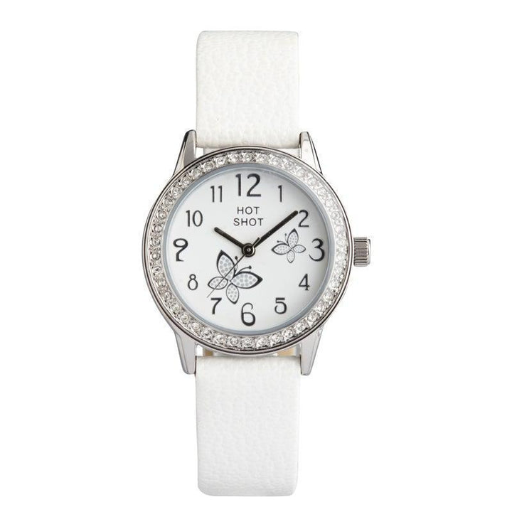 Hot Shot Weißes Borneur-Zifferblatt mit Schmetterlingen, weißem Armband und Kristallrand. Modell 18781-1