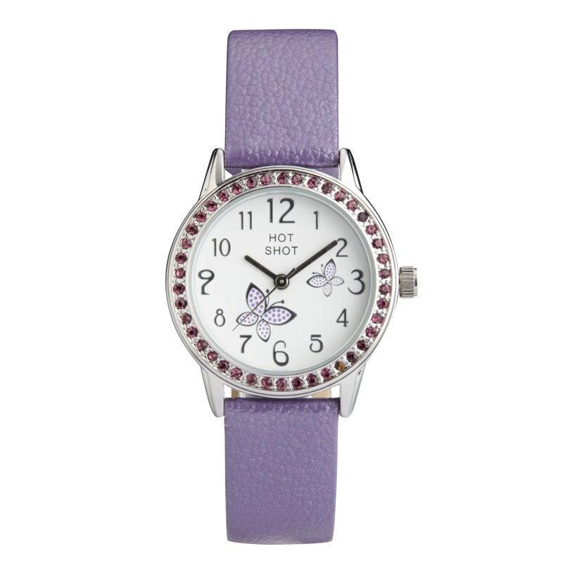 Hot Shot Borneur mit lila Schmetterlingen mit lila Lederband und Ziersteinen. Modell 18783-1.