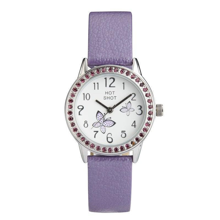 Hot Shot Borneur mit lila Schmetterlingen mit lila Lederband und Ziersteinen. Modell 18783-1.