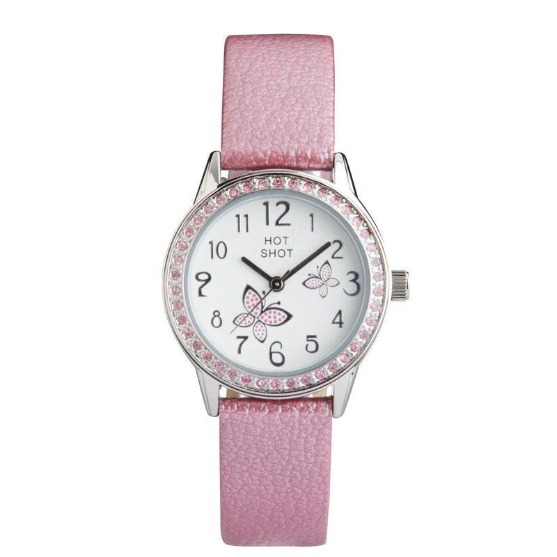 Hot Shot Kinderuhr mit rosa Schmetterlingen, Kinderuhr mit rosa Armband und Uhrenkranz verziert mit rosa Steinen. Modell 18782-1