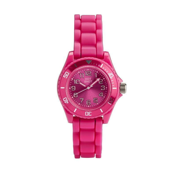 Hot Shot Uhr in Borneur Pink mit rundem rosa Zifferblatt, markanten weißen Ziffern und Silikonarmband. Modell 10475-1.