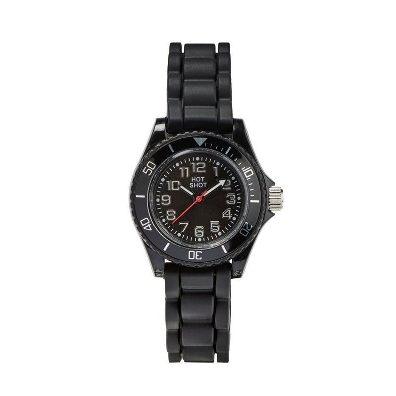Hot Shot Schwarzes Kautschukarmband von Borneur, klassische Kinderuhr mit schwarzem Zifferblatt und Armband. Modell 10471-1.