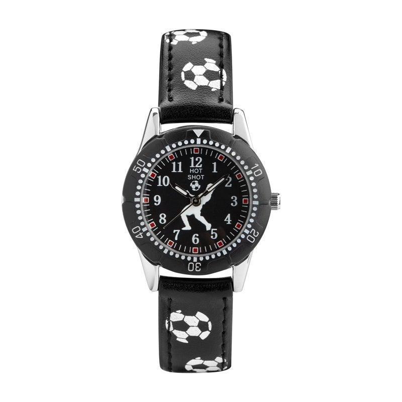 Hot Shot Schwarzes Borneur-Zifferblatt und Fußballdetails mit schwarzem Lederarmband und weißen Fußbällen. Modell 11791-1.
