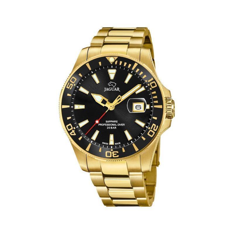 Jaguar Herrenuhr Executive Diver mit schwarzem Zifferblatt, goldener Stahlkette und Datumsanzeige. Modell J8773-J8773-1