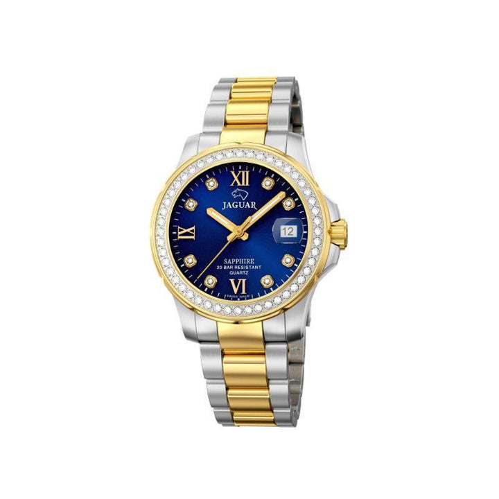 Jaguar Lady's Diver J8932 zeigt eine elegante Damenuhr mit blauem Zifferblatt, Gold- und Stahlarmband und Modell J8932-1.