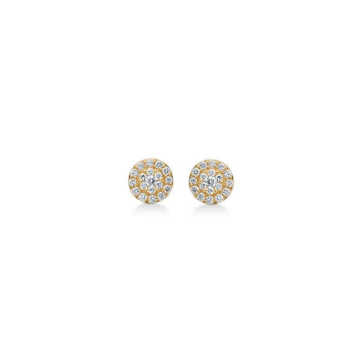 Mads Z 14 kt Eleanor Petite Studs, abgebildet als Paar runde Goldohrringe mit klaren Steinen, Modell 1511074-1
