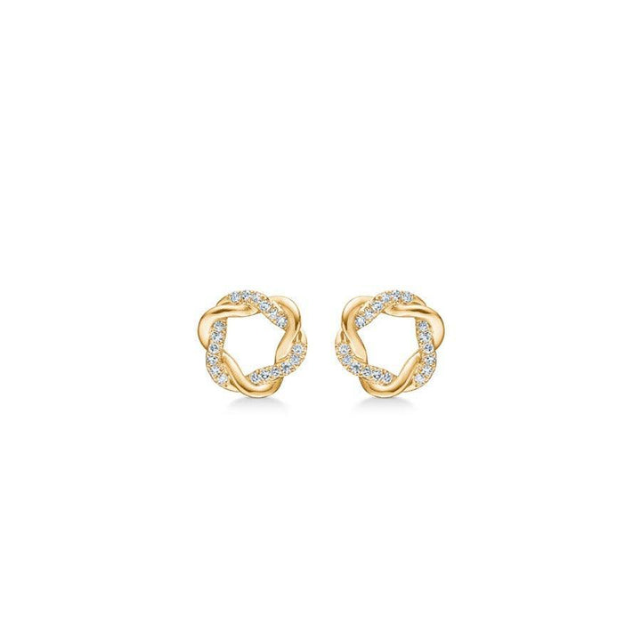 Mads Z 14kt Twist Studs 0,085ct W/SI zeigt einen Satz runder, geflochtener Ohrstecker in Gold mit Diamanten. Modell 1511022-1.