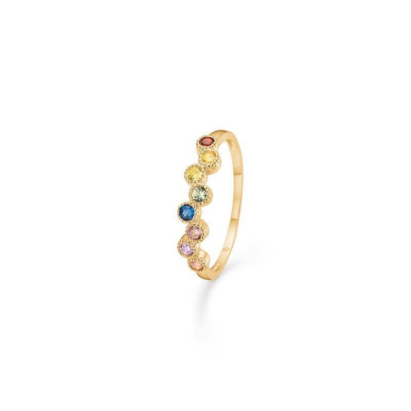 Der Mads Z 8 kt Dido Color Ring zeigt einen schlanken Goldring mit farbigen Steinen in einer Reihe, Modell 3347171-001.