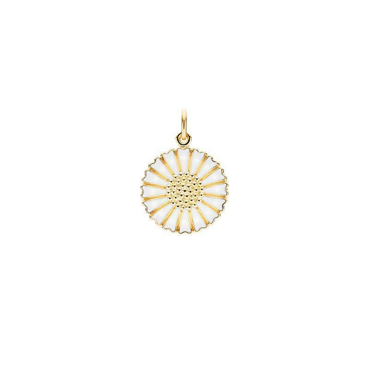 Marguerit forgyldt guld vedhæng med hvid emalje i margueritdesign, forside, model 908018-M
