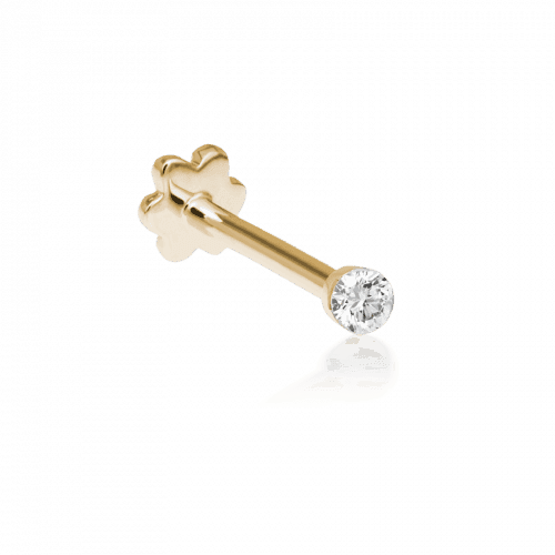 Der 1,5 mm unsichtbare Diamant-Gewindestecker von Maria Tash zeigt einen diskreten Goldstecker mit rundem, klarem Diamant, Modell xivi5d-001-1.