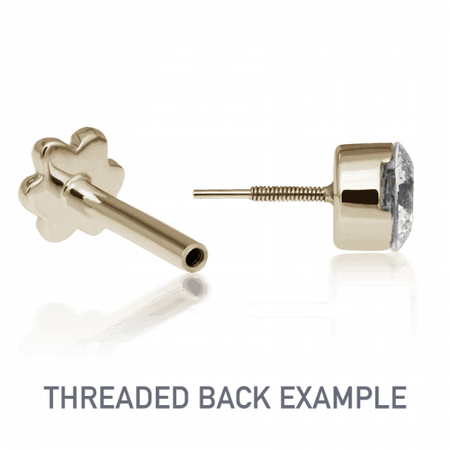 Maria Tash 1,5 mm unsichtbarer Ohrstecker mit Diamant-Gewinde, von der Seite und von der Rückseite dargestellt, in Gold mit Diamant, Modell xivi5d-001-2.