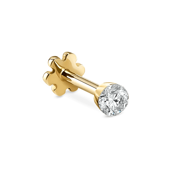 Maria Tash Invisible Set Diamond 2mm in gold with round brilliant, detail photo of earrings. Modell XIVD-YG-W2-001-1.