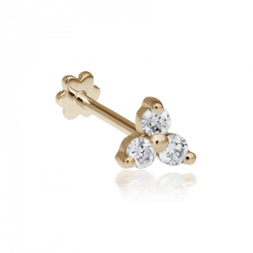 Der Maria Tash Large Diamond Trinity Threaded Stud zeigt einen eleganten Goldstecker mit drei Diamanten, Modell X3DTRDL-001-1.