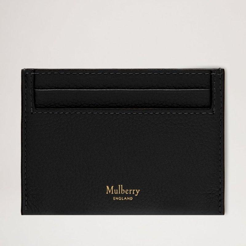 Mulberry Kartenetui Continental Credit Card Slip Natural Grain Black, von vorne dargestellt, aus schwarzem Leder mit Golddruck. Modell RL4644/205A100