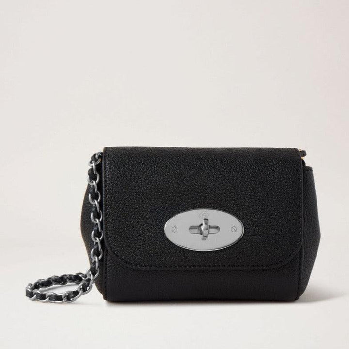 Mulberry Mini Lily Schwarze Umhängetasche aus Leder mit silberfarbenem Kettenriemen und Schloss, Modell RL7745874A237