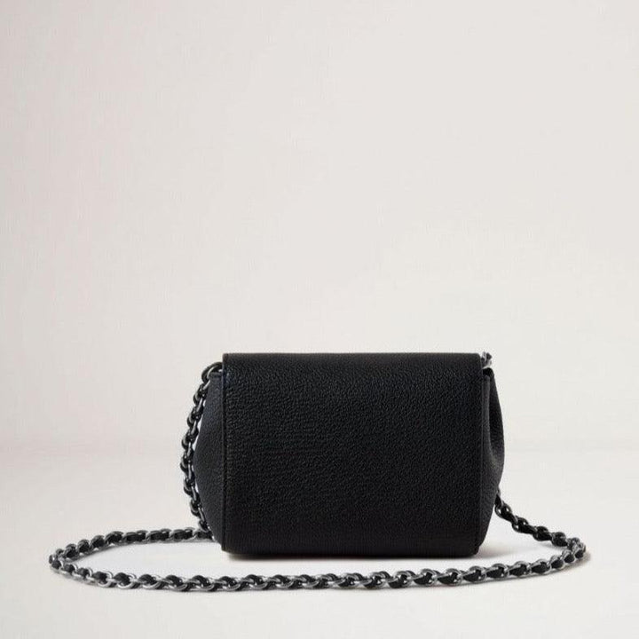 Mulberry Mini Lily Schwarze, silberfarbene Umhängetasche aus schwarzem Leder mit silberner Kette. Modell RL7745874A237