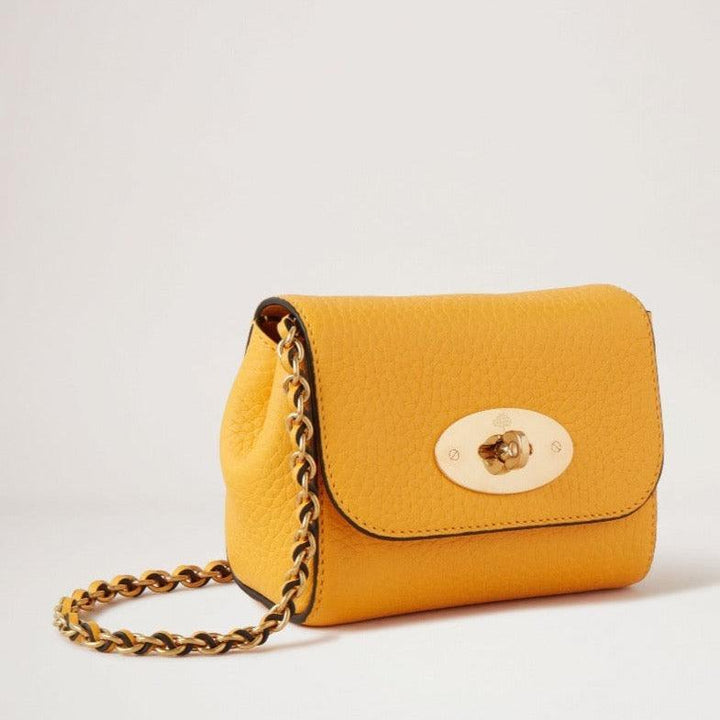 Mulberry Mini Lily Doppelte gelbe Clutch aus gelbem Leder mit Kettenriemen und goldenem Metallverschluss. Modell RL7749736P677