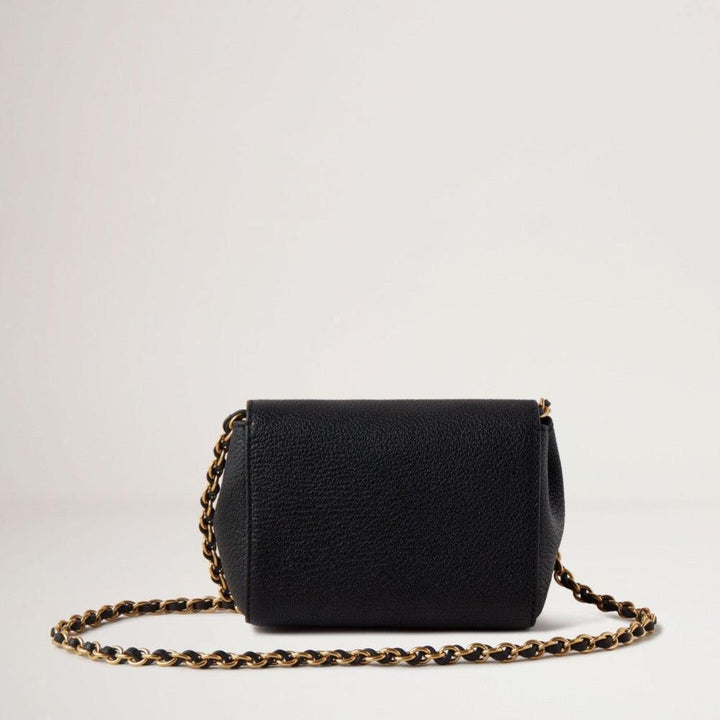 Mulberry Mini Lily Glänzende Ziegen-Umhängetasche aus schwarzem Leder mit Goldkette, Modell RL7745874A100.