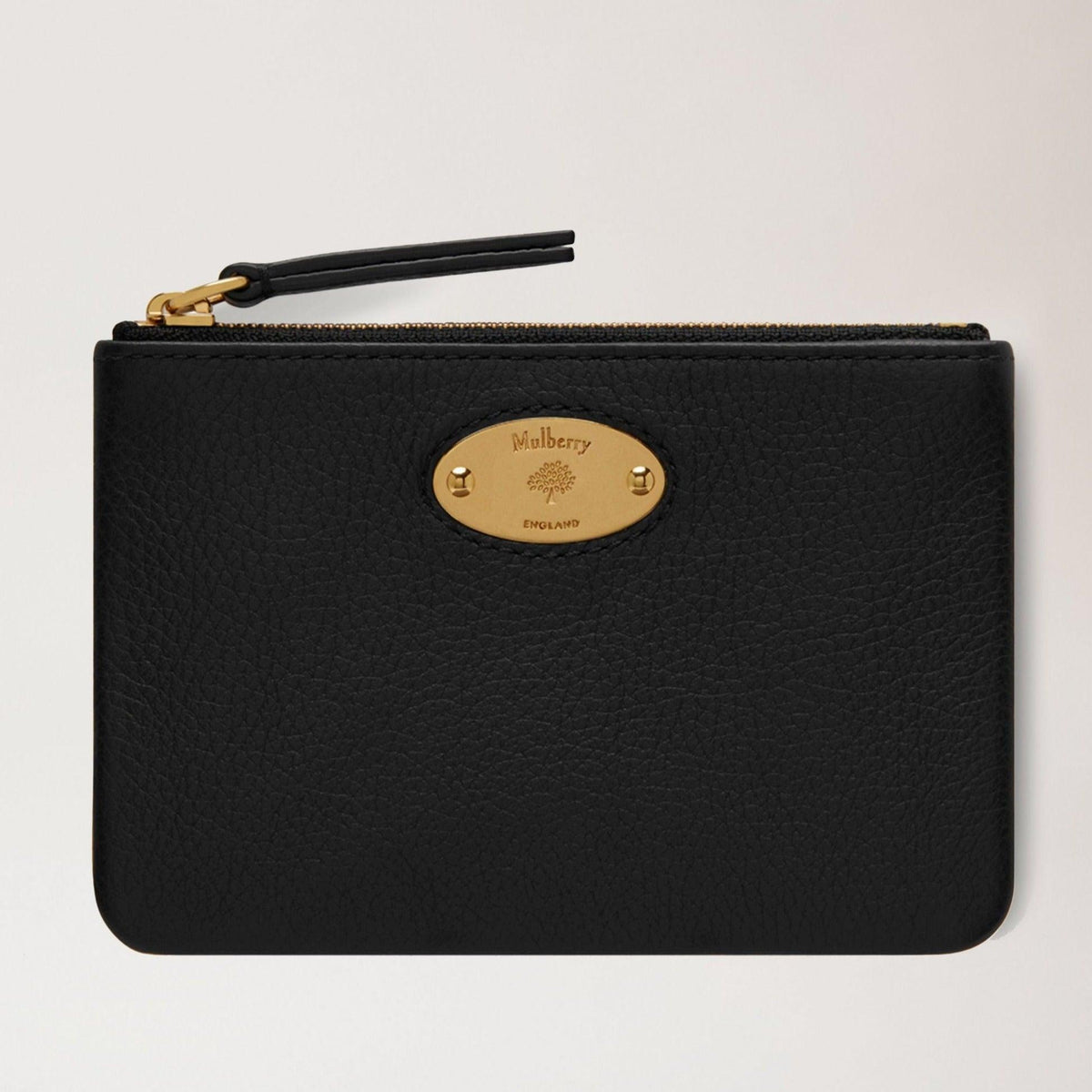 Mulberry Plaque Small Zip Coin Pouch schwarze Geldbörse aus schwarzem Leder mit Goldplatte und Reißverschluss. Modell RL5682013A100