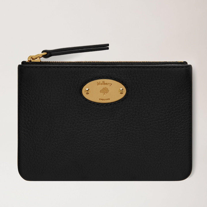 Mulberry Plaque Small Zip Coin Pouch schwarze Geldbörse aus schwarzem Leder mit Goldplatte und Reißverschluss. Modell RL5682013A100