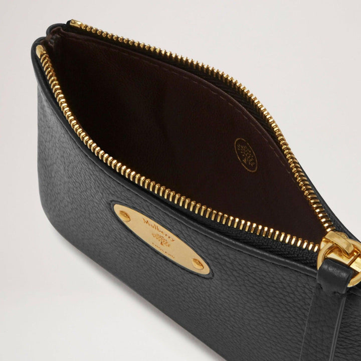 Mulberry Kleine Plaketten-Münztasche mit Reißverschluss aus schwarzem Leder mit goldenem Reißverschluss und Metallplatte, Modell RL5682013A100